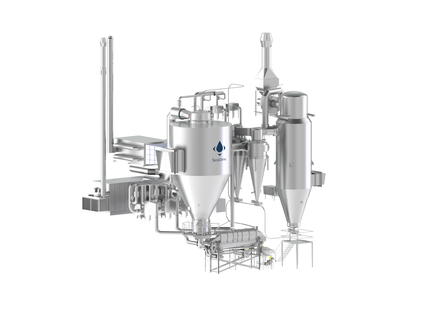 Spray drying plant with bag filter and cyclones